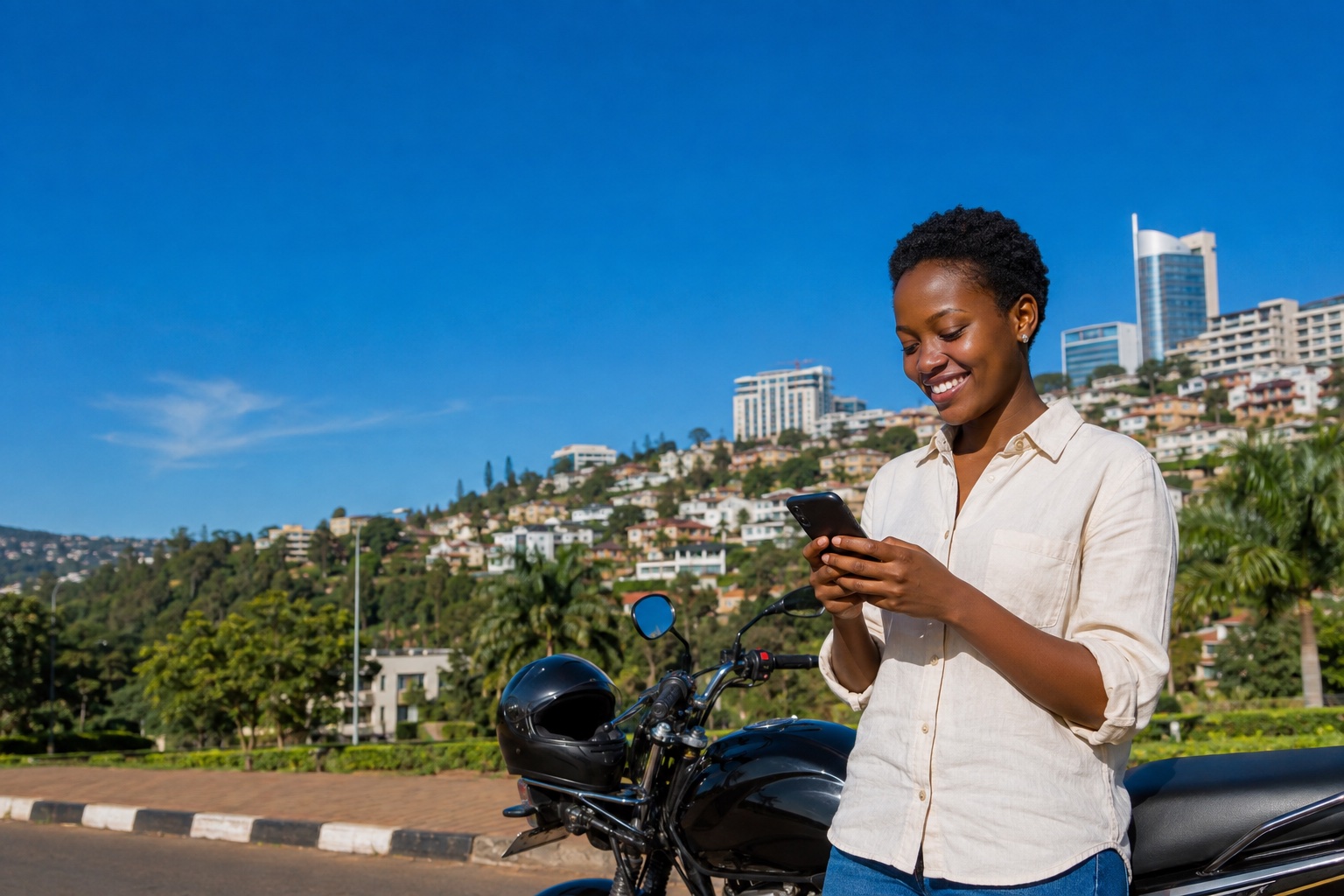 Illustrative campaign scene of a woman checking her phone beside a motorcycle in Kigali